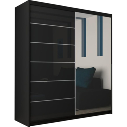 M N Furniture Inovo 2 Door Black High Gloss Mirrored Sliding Wardrobe 180cm - thumbnail 2