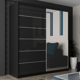 M N Furniture Inovo 2 Door Black High Gloss Mirrored Sliding Wardrobe 180cm