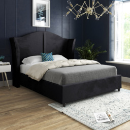Zampa Single Black Soft Velvet Upholstered Bed Frame with Curved Winged Headboard