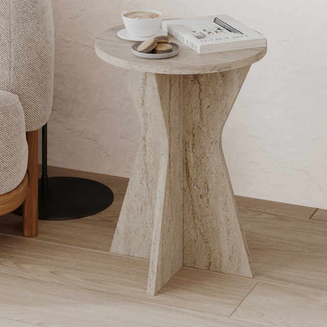 Decortie Lisa Travertine Geometric Pedestal Base Round Side Table - image 1