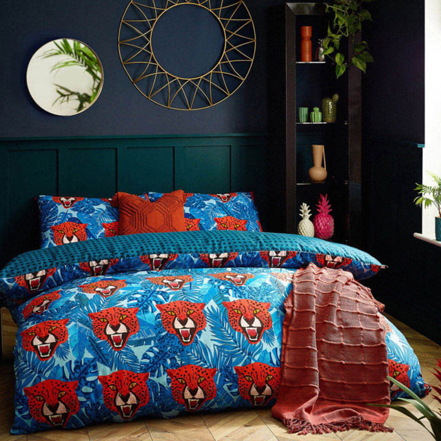 furn. Untamed King Size Blue Cheetah Botanical Duvet Cover Set - image 1
