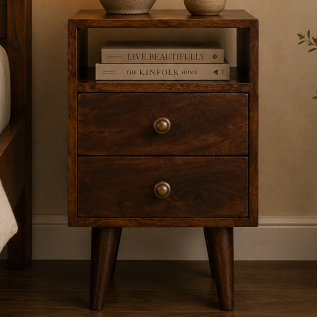 Artisan Furniture California Walnut 2 Drawer Single Shelf Solid Wood Mini Classic Bedside Table - image 1