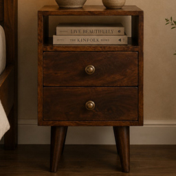Artisan Furniture California Walnut 2 Drawer Single Shelf Solid Wood Mini Classic Bedside Table - thumbnail 1