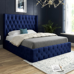 Turin King Size Blue Soft Velvet Upholstered Bed Frame with Straight Winged Headboard