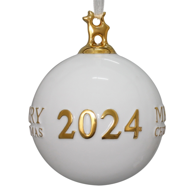 Porcelain White and Gold Merry Christmas 2024 Christmas Bauble Tree Decoration