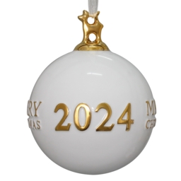Porcelain White and Gold Merry Christmas 2024 Christmas Bauble Tree Decoration - thumbnail 1