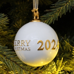Porcelain White and Gold Merry Christmas 2024 Christmas Bauble Tree Decoration - thumbnail 2
