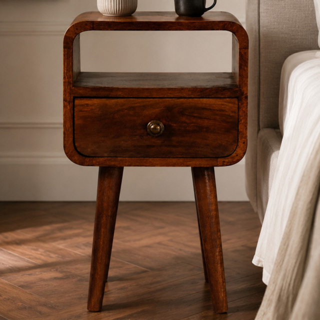 Artisan Furniture Mini Honey Caramel Single Drawer Single Shelf Mango Wood Curved Bedside Table - image 1