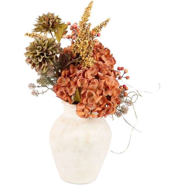 Bright Faux Hydrangea Arrangement in Ceramic Vase Burnt Orange