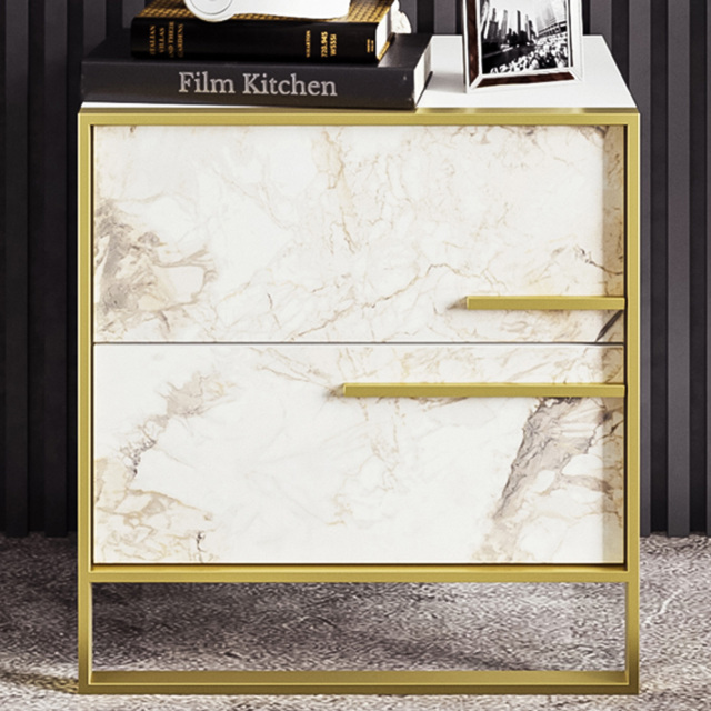 Decorotika Polka 2 Drawer White Marble Effect and Gold Bedside Table - image 1