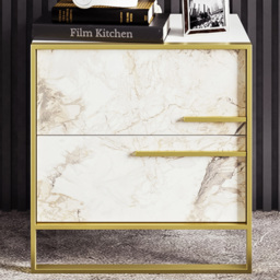 Decorotika Polka 2 Drawer White Marble Effect and Gold Bedside Table