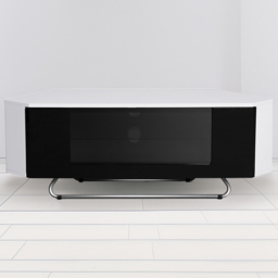 Centurion Supports Hampshire Single Door White and Black Beam-Thru Remote Friendly Corner TV Unit