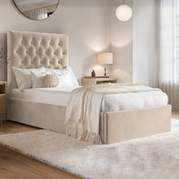 Flair Milan Beige Velvet Single Lift-Up Ottoman Bed Frame with Padded Headboard