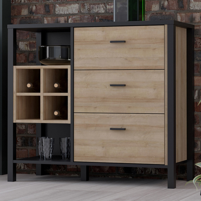 Florence High Rock 3 Drawer 2 Shelf Matt Black and Riviera Oak Sideboard with Wine Bottle Holders - image 1