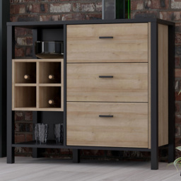 Florence High Rock 3 Drawer 2 Shelf Matt Black and Riviera Oak Sideboard with Wine Bottle Holders - thumbnail 1