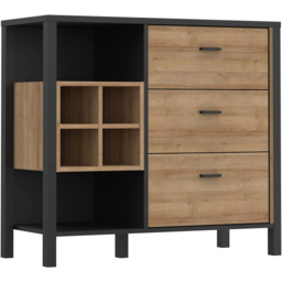 Florence High Rock 3 Drawer 2 Shelf Matt Black and Riviera Oak Sideboard with Wine Bottle Holders - thumbnail 2