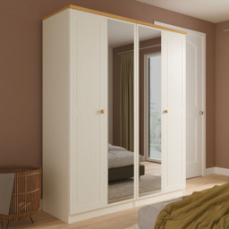 Crowndale Warwick 4 Door Cream Ash and Modern Oak Mirror Wardrobe Ready Assembled