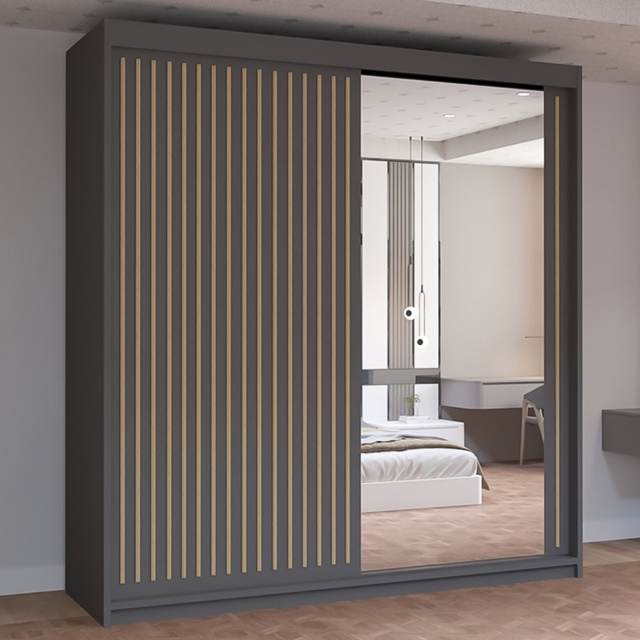 M N Furniture Roman 2 Door Grey and Oak Mirrored Sliding Wardrobe 150cm - image 1