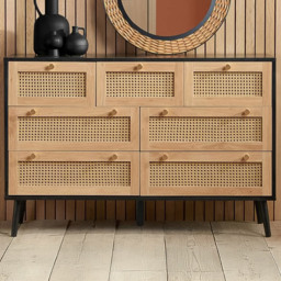 Croxley 7 Drawer Black and Oak Rattan Chest of Drawers