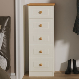Crowndale Warwick Cream Ash and Oak 5 Drawer Tall Bedside Cabinet