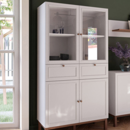 Florence Wensley 4 Door 2 Drawer Light Grey and Oak Glass Display Cabinet