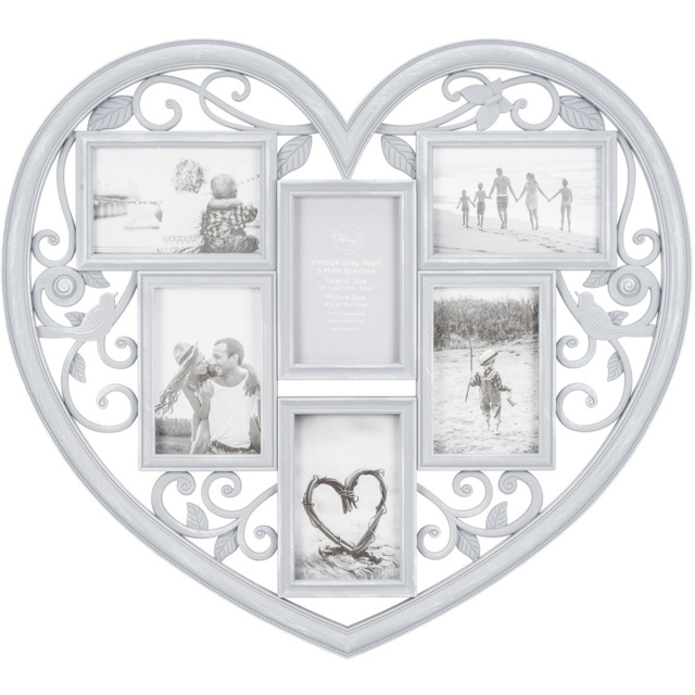 The Port. Co Gallery Grey Vintage Heart 6 Multi Aperture Photo Frame
