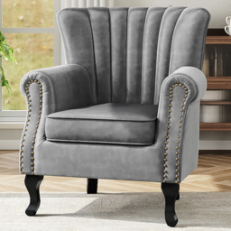 Living and Home Velvet Vintage Grey Wingback Armchair
