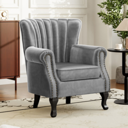 Living and Home Velvet Vintage Grey Wingback Armchair - thumbnail 3
