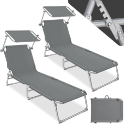 tectake Set of 2 Grey 4 Position Folding Sun Lounger with Sunshade - thumbnail 2
