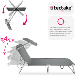 tectake Set of 2 Grey 4 Position Folding Sun Lounger with Sunshade - thumbnail 4