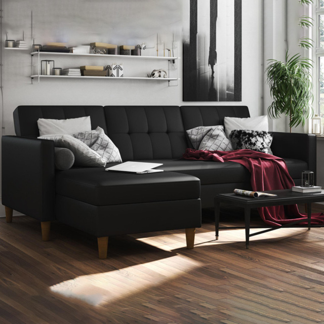 Dorel Hartford 3 Seater Black Faux Leather Storage Sectional Sofa Bed with Chaise - image 1