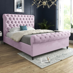 Sienna Single Pink Soft Velvet Upholstered Sleigh Bed Frame with Scrolled Headboard