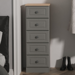 Crowndale Norfolk Dusk Grey and Bardolino Oak 5 Drawer Tall Bedside Cabinet Ready Assembled