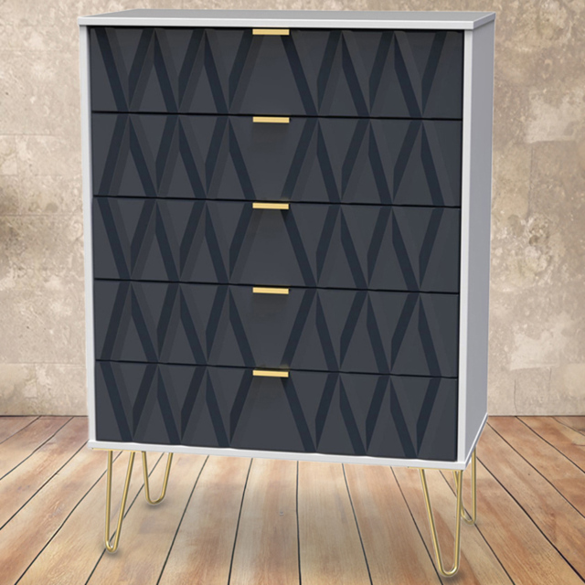 Crowndale Diamond 5 Drawer Matt Indigo and White Chest of Drawers - image 1