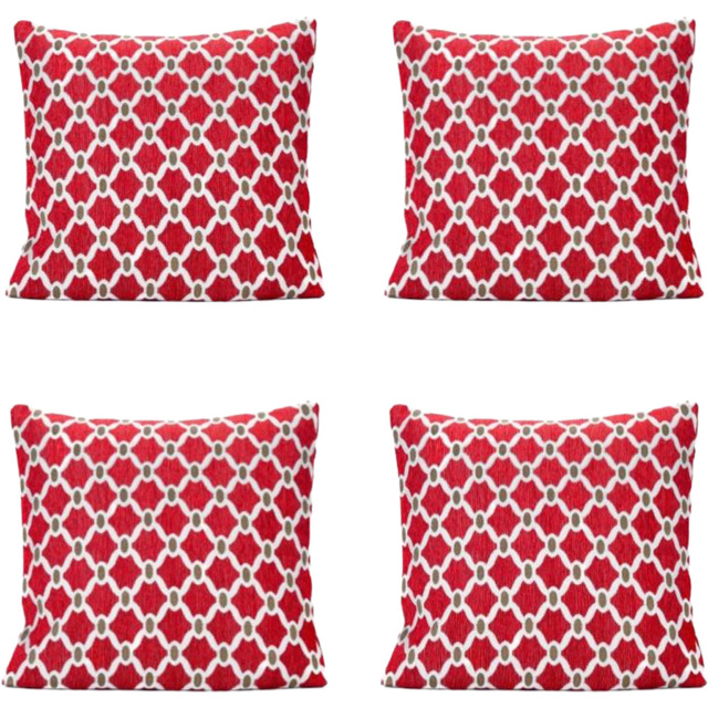 Alan Symonds Berkeley Chenille Red Geometric Cushion with Polyester Filled Pad 45 x 45cm 4 Pack