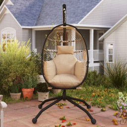 Outsunny Khaki Garden Hanging Egg Chair with Folding Basket