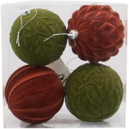 Amber Charm Flocked Velvet Coating Red and Green Bauble 4 Pack - thumbnail 1