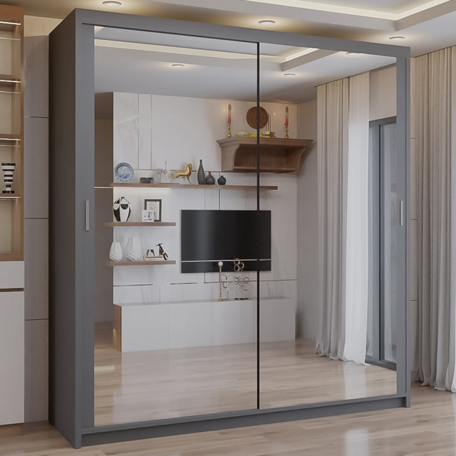 Sliding Wardrobes 4U Chicago Grey 2 Door Mirror Wardrobe with Adjustable Shelves and Hanging Rails - image 1