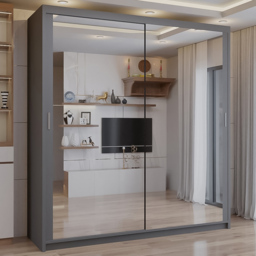 Sliding Wardrobes 4U Chicago Grey 2 Door Mirror Wardrobe with Adjustable Shelves and Hanging Rails - thumbnail 1