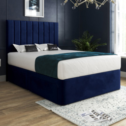 Marcelo Blue Double Velvet Upholstered Divan Bed Frame with Linear Headboard