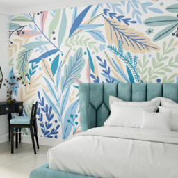 Origin Murals Patterned Leaves Blue Wall Mural - thumbnail 1