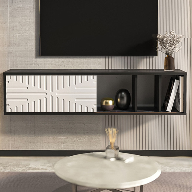 Decorotika 2 Door 2 Shelf Black Marble and White Floating TV Unit - image 1