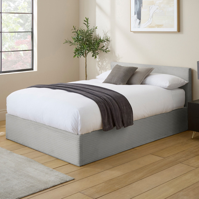 GFW Grey Double Corduroy End Lift Ottoman Bed with Memory Pocket Spring Mattress