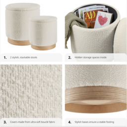 tectake Orchid Padded White Boucle Stools with Storage - thumbnail 4