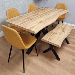 Portland Mustard Gem Pattern Wooden Tabletop 6 Seater Dining Bench Set - thumbnail 1