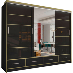 M N Furniture Silora 3 Door 4 Drawer Black and Gold High Gloss Mirrored Sliding Wardrobe 253cm - thumbnail 2