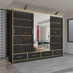 M N Furniture Silora 3 Door 4 Drawer Black and Gold High Gloss Mirrored Sliding Wardrobe 253cm - thumbnail 4
