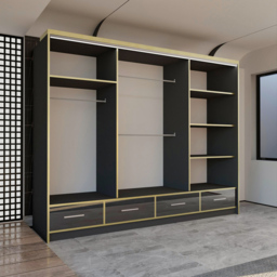 M N Furniture Silora 3 Door 4 Drawer Black and Gold High Gloss Mirrored Sliding Wardrobe 253cm - thumbnail 3