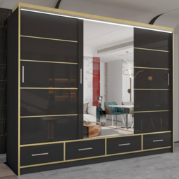 M N Furniture Silora 3 Door 4 Drawer Black and Gold High Gloss Mirrored Sliding Wardrobe 253cm