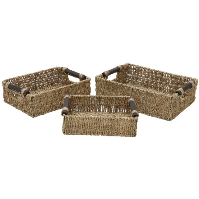JVL Seagrass Rectangular Storage Baskets with Wooden Handles 3 Pack - image 1
